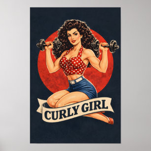 Curly Girl Weightlifting Hair Pin-Up Retro Gym Art Poster