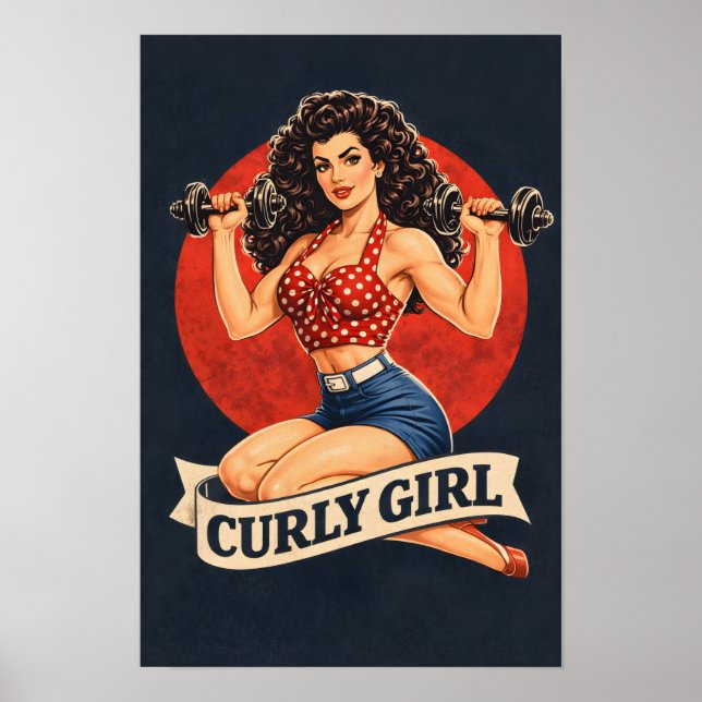 Curly Girl Weightlifting Hair Pin-Up Retro Gym Art Poster (Front)