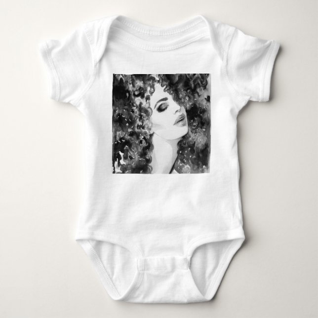 Curly Grace: Fashion Watercolor Beauty Baby Bodysuit (Front)