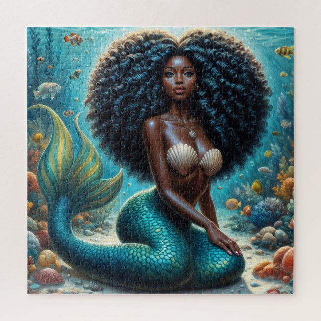 Curly-Haired Black Mermaid Underwater Art Jigsaw Puzzle (Vertical)