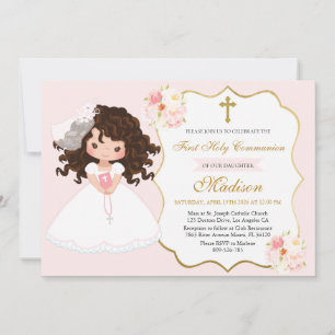 Curly haired Girl First Communion Soft Pink Invitation