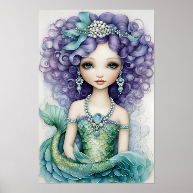Curly Haired Girl Green Mermaid Poster (Front)