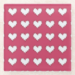 Curly Heart White on Dark Pink Glass Drink Coaster