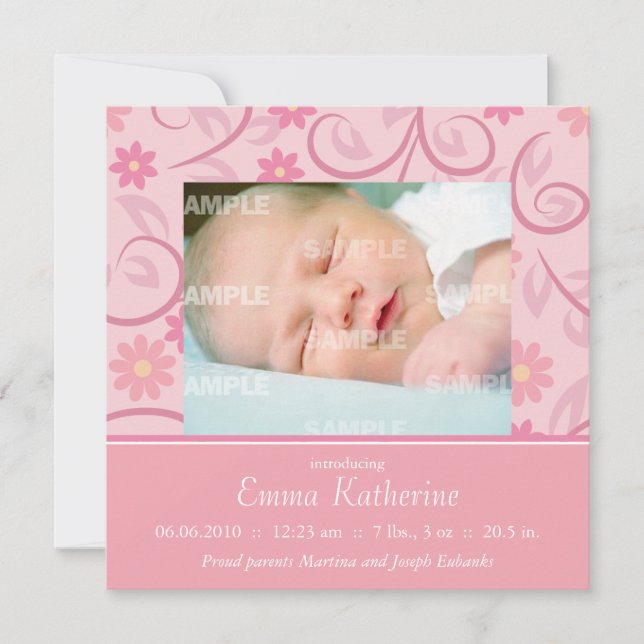Curly Pink Floral Baby Announcement (Front)