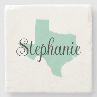 Curly Script Name Light Teal Texas Stone Coaster