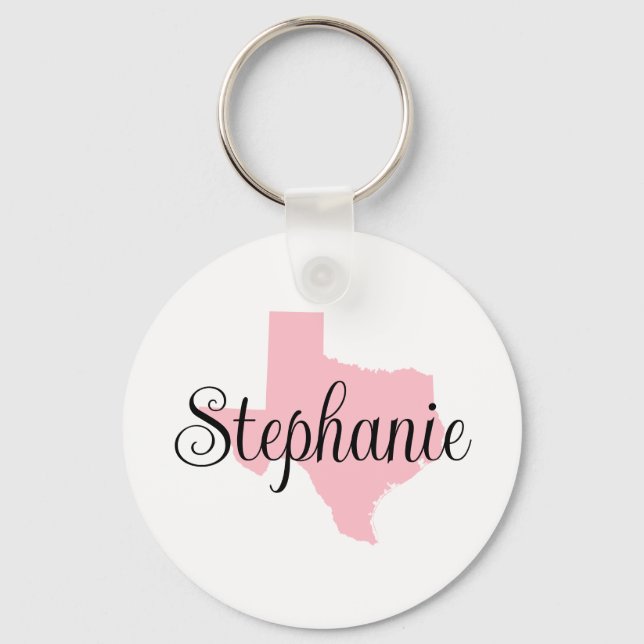 Curly Script Name Pink Texas Family Photo Key Ring (Front)