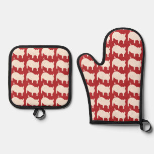 Curly Tail Red White Silver Quilted Oven Mitt & Pot Holder Set