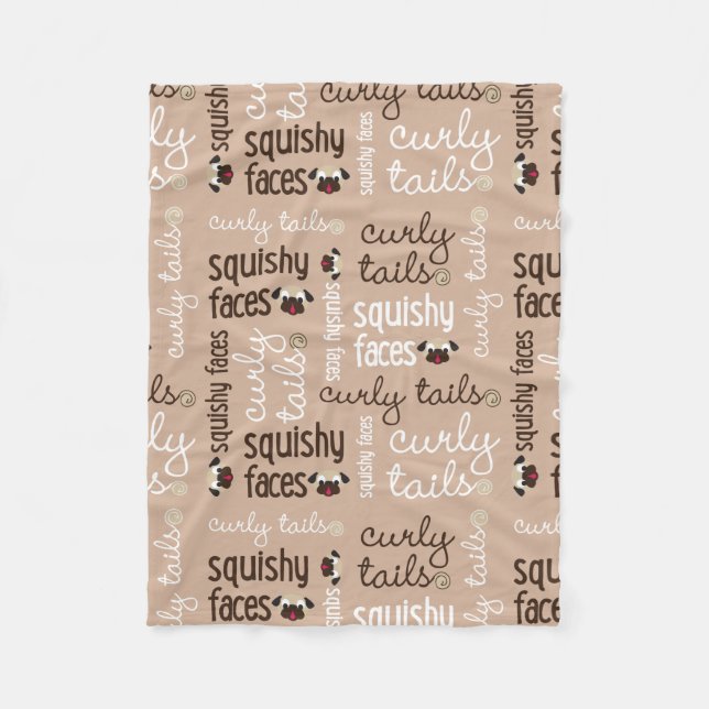 Curly Tail, Squishy Faces Pug Fleece Blanket Tan (Front)