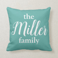 Curly White Text & Teal Family Monogram Pillow