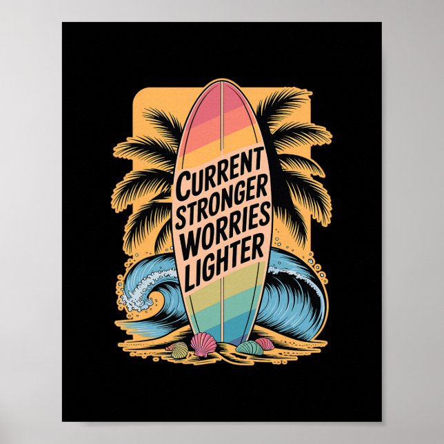 Current Stronger Worries Lighter - Surfer Quote  Poster (Front)