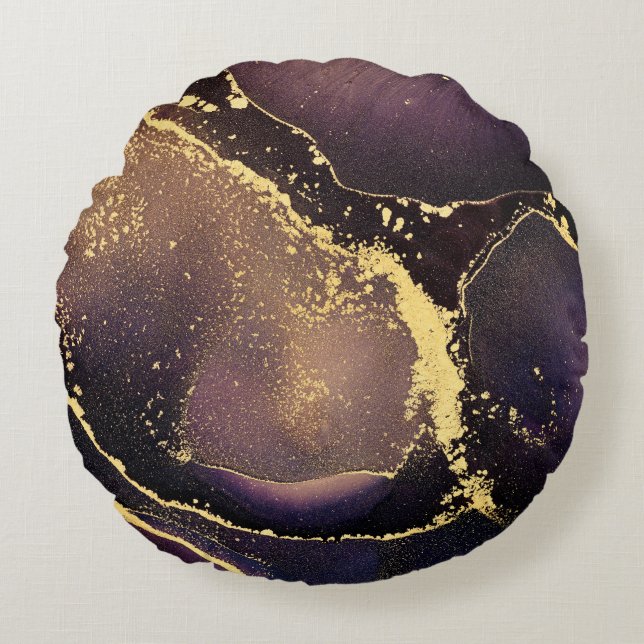 Currents of translucent hues, snaking metallic swi round cushion (Front)