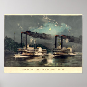 Currier & Ives, 1890, A midnight steamboat race on Poster