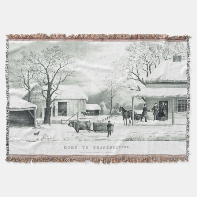 Currier Ives Country Thanksgiving Throw Blanket (Front)