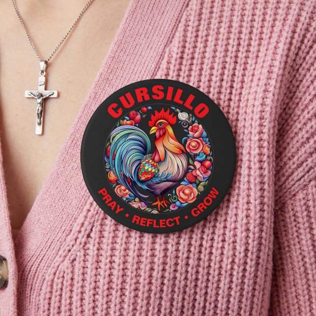 Cursillo Rooster with Roses Pray Reflect Grow 10 Cm Round Badge (Creator Uploaded)