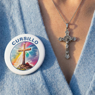 Cursillo Wood Cross With Rainbow and Clouds 10 Cm Round Badge