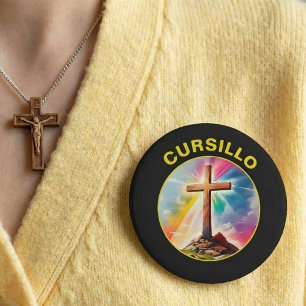 Cursillo Wood Cross With Rainbow and Clouds 10 Cm Round Badge