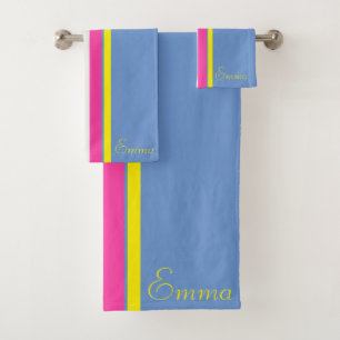Cursive Blue Yellow And Hot Pink Striped  Bath Towel Set