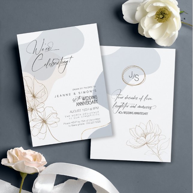 Cursive Floral 40th Anniversary Dusty Blue ID1168 Invitation (Creator Uploaded)