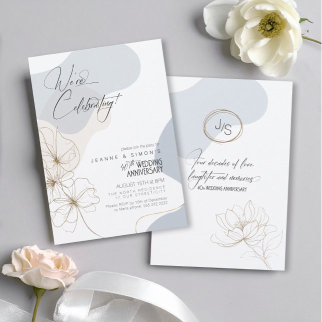Cursive Floral 40th Anniversary Dusty Blue ID1168 Invitation (Creator Uploaded)