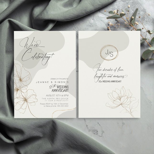 Cursive Floral 50th Anniversary Neutrals ID1168 Invitation (Creator Uploaded)