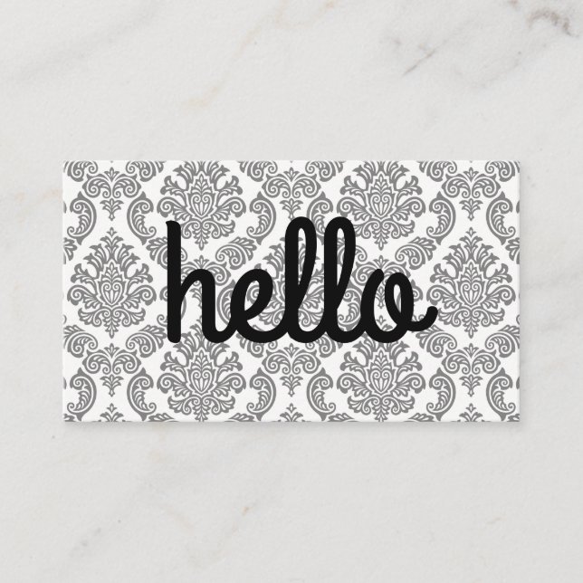 Cursive Hello Minimalist Font | Damask Pattern Business Card (Front)