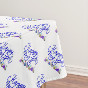 Cursive Text with Party Hats Happy New Year Tablecloth