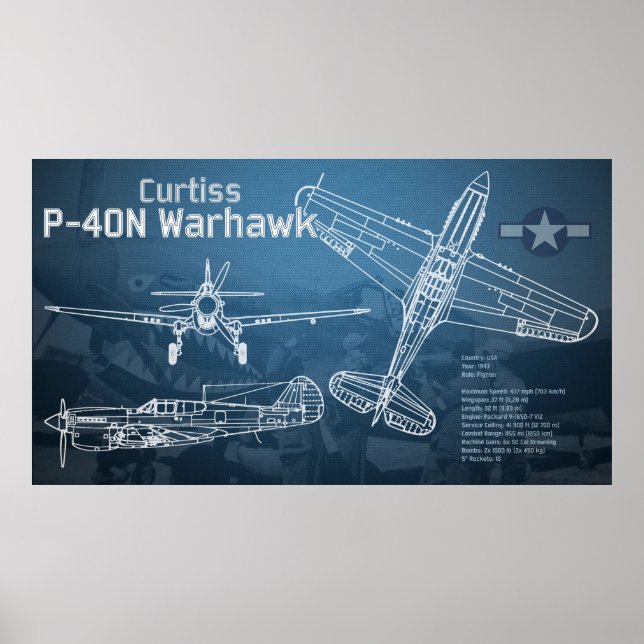 Curtiss P-40 Warhawk Blueprint Poster (Front)
