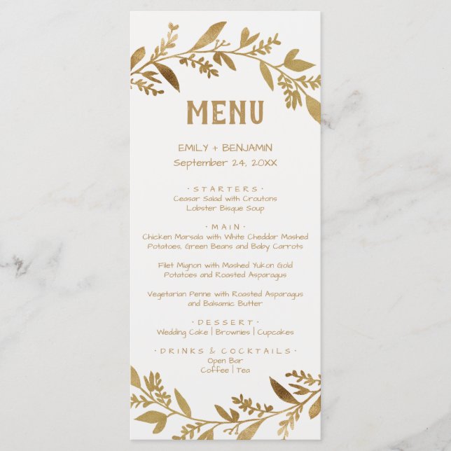 Curved Branches | Gold Dinner Menu Card (Front)