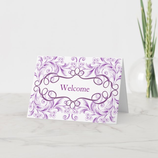 Curved Flowers Purple Background Welcome Thank You Card (Front)