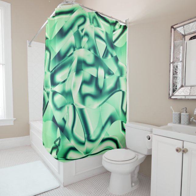 Curved green shapes of acrylic, showy mint tones shower curtain (In Situ)