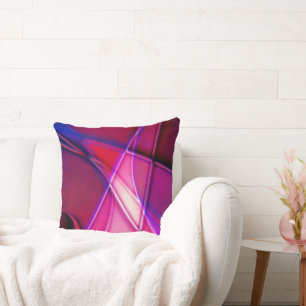 Curved lines and slanted squares in neon red pink cushion