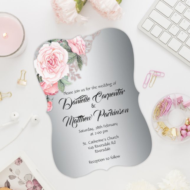 Curved Pink Rose Silver Elegance Wedding  Invitation (Creator Uploaded)