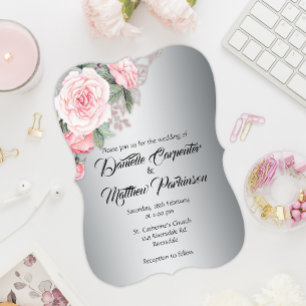 Curved Pink Rose Silver Elegance Wedding Invitation