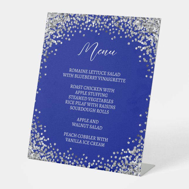 Curved Silver Glitter Royal Blue Menu Pedestal Sign (Front)
