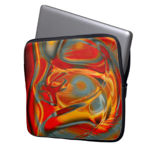 Curved staines in scratched orange to red on grey laptop sleeve