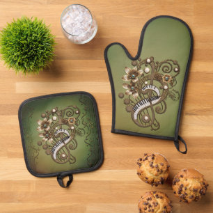 Curved steampunk piano keyboard. oven mitt & pot holder set