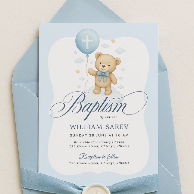 Curved Teddy Bear Baptism Invitation for Boy (Modern teddy bear baptism card styled with envelope and ribbon – sweet and simple boy invite)