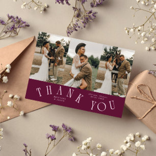 Curved Typography Cranberry Wedding Multi Photo  Thank You Card