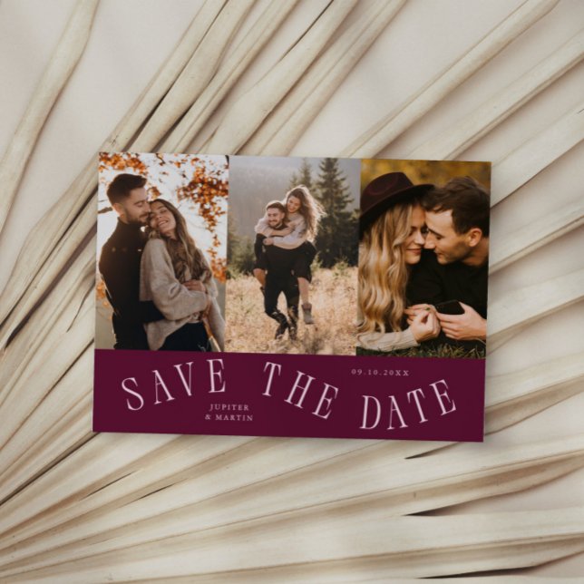 Curved Typography Multi Photo Cranberry Save The Date (Creator Uploaded)
