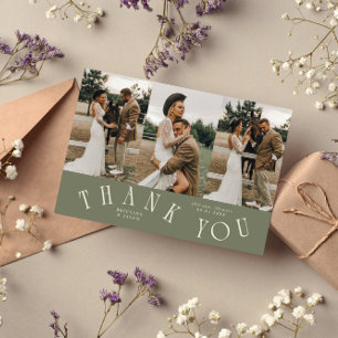 Curved Typography Sage Green Wedding Multi Photo Thank You Card