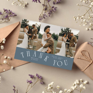 Curved Typography Slate Blue Wedding Multi Photo  Thank You Card