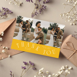 Curved Typography Yellow Wedding Multi Photo Thank You Card