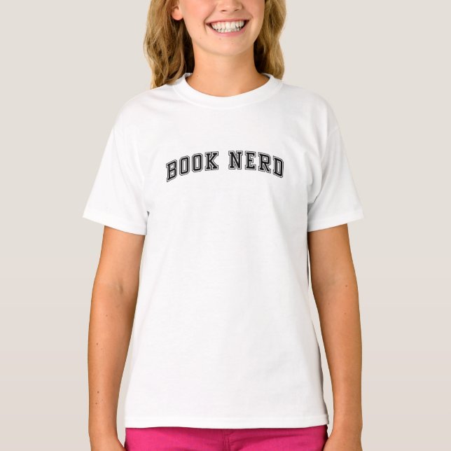 Curved Varsity Style Book Nerd T-Shirt (Front)