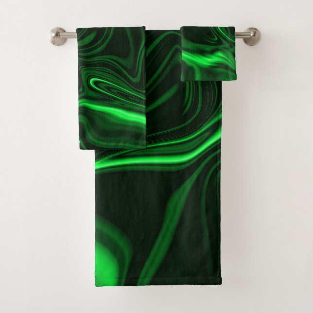 Curves and folds green nickeled on dark background bath towel set (Insitu)