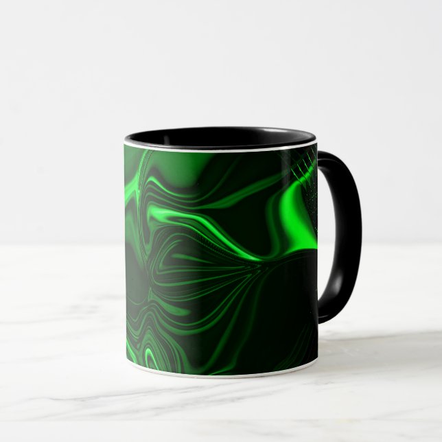 Curves and folds green nickeled on dark background mug (Front Right)