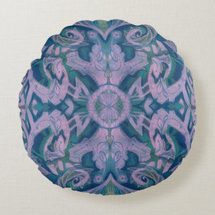 Curves & Lotuses, abstract floral, lavender & blue Round Cushion