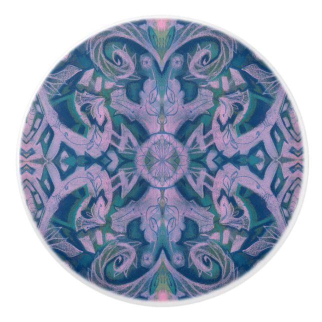 Curves & Lotuses, abstract pattern lavender & blue Ceramic Knob (Front)