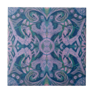 Curves & Lotuses, abstract pattern lavender & blue Ceramic Tile