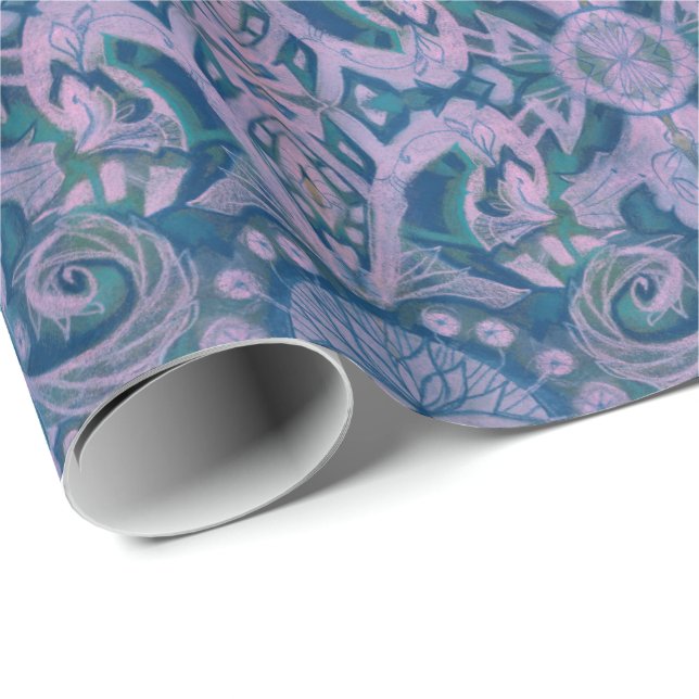Curves & Lotuses, abstract pattern lavender & blue Wrapping Paper (Roll Corner)