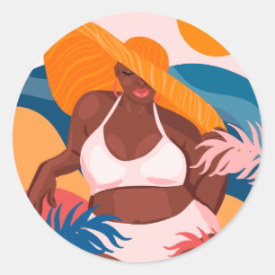 Curvy African American Woman, Beach Vacation Ready Classic Round Sticker